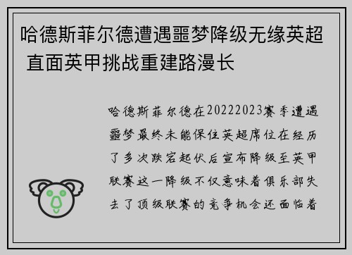 哈德斯菲尔德遭遇噩梦降级无缘英超 直面英甲挑战重建路漫长