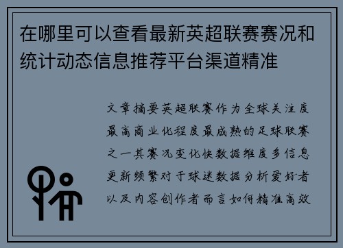 在哪里可以查看最新英超联赛赛况和统计动态信息推荐平台渠道精准